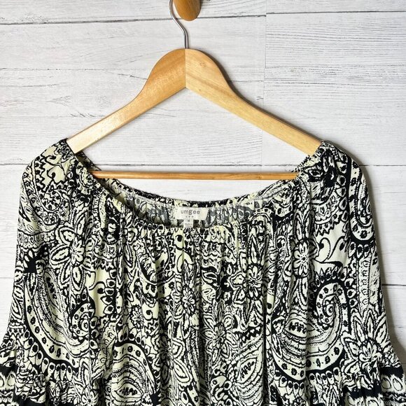 Umgee Dress Womens Size Medium Black & Ivory Floral Sheath Pockets Bell Sleeve - Picture 8 of 14